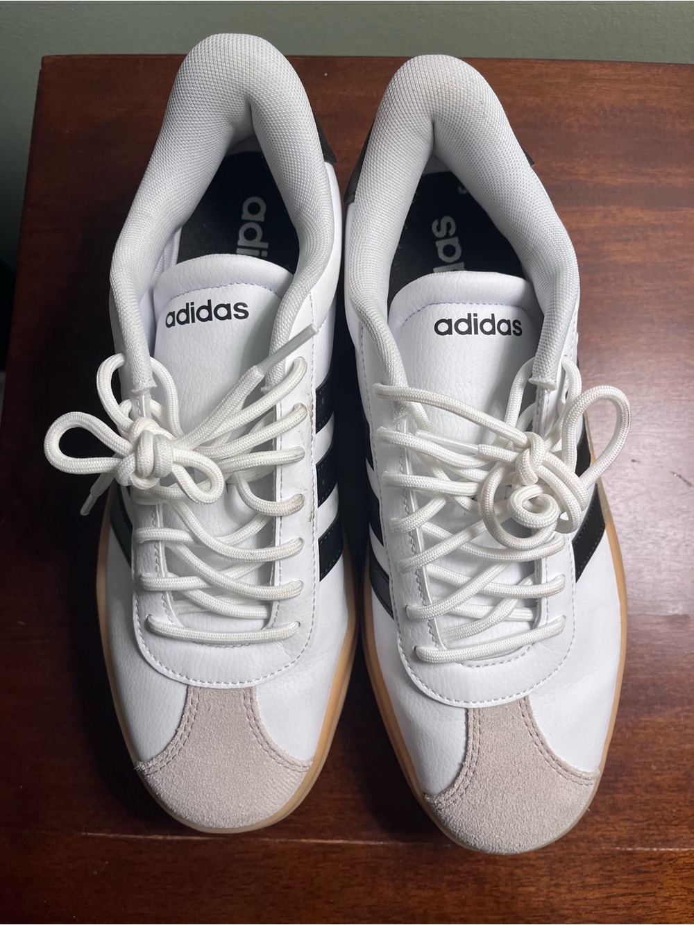 adidas White Sneakers with Black Stripes and Gum Sole